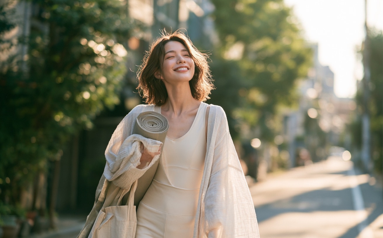 朝の光の並木道を、マットを抱えて笑顔でスタジオへ歩く女性